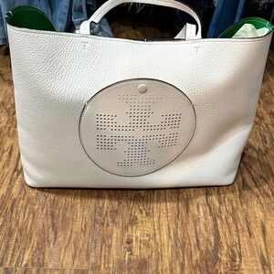Tory Burch White Pebbled Leather Tote with Perforated Logo